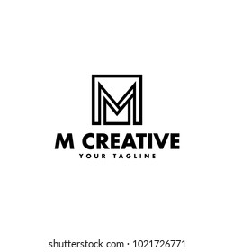 Letter M logo design black white enclosed in a square. Creative Overlapping logo template, emblem for Business Card