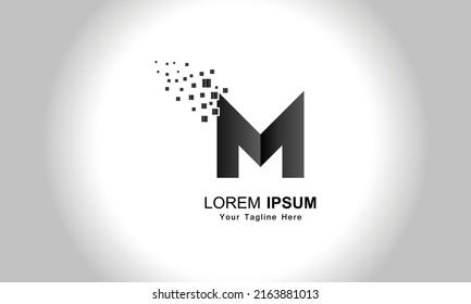 Letter M Logo Design in Bright Colors with Shattered Small blocks on white background. Vector Illustration Design.