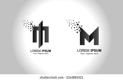 Letter M Logo Design in Bright Colors with Shattered Small blocks on white background. Vector Illustration Design.