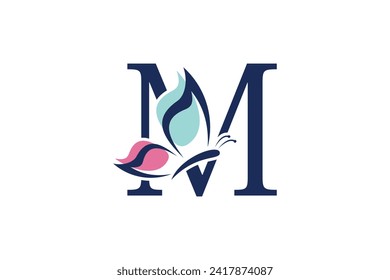 letter m logo design with butterfly illustration logo concept