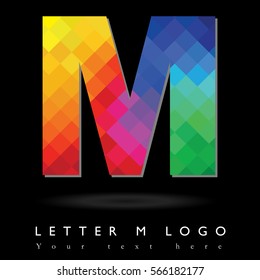 Letter M Logo Design Concept in Rainbow Mosaic Pattern Fill and Black Background