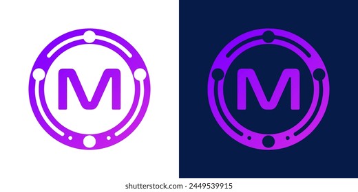 letter M logo design with dotted gradient digital circles, for digital, technology, data