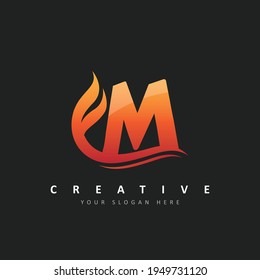 Letter M Logo Design With Fire Flames and Orange Swoosh Vector Illustration