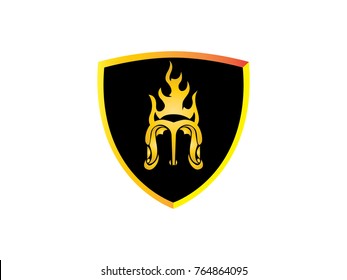 Letter m Logo Design with Fire Flames and shield Vector Illustration.