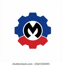 Diseño del logotipo de la letra M con equipo. Logotipo mecánico simple inicial M.