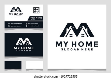 letter M logo design with house and business card