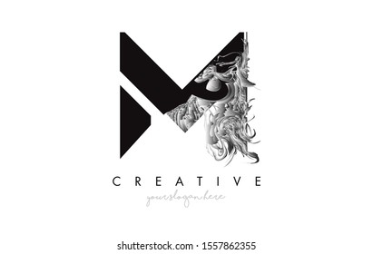 Letter M Logo Design Icon with Artistic Grunge Texture In Black and White Vector Illustration.