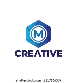 Letter M logo design with polygonal style, Hexagonal logo with gradient blue, M Letter DAesign Vector with circle.
