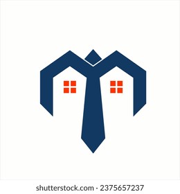 Letter M logo design. Real Estate logo with letter M and executive concept. Geometric abstract letter M illustration with tie.