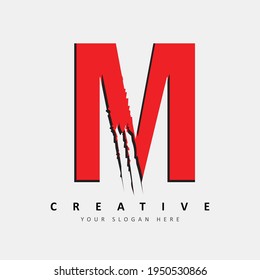 Letter M Logo Design With Red Claw Scratch Vector Illustration