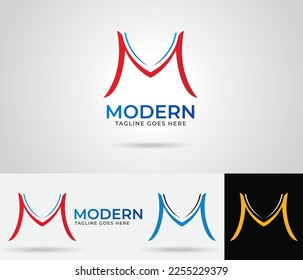 Diseño del logotipo de la letra M con colores rojo, azul y dorado, plantilla vectorial de diseño del logotipo de Modern Business