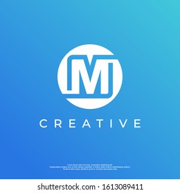 Letter M logo design template with white color and blue background