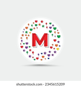 Plantilla de diseño de logotipo de letra m con estrella de corazón de amor colorida y vector de globo