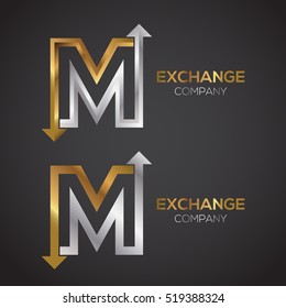 Letter M logo design template Gold and Silver color. Arrow creative sign