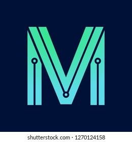 Letter M logo design template,Technology abstract dot connection cross vector logo icon circle logotype