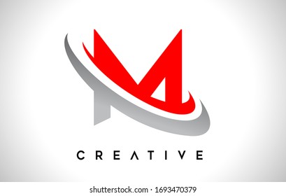 Letter M Logo. M Letter Design Vector with Red Gray Swash VectorIllustration. 