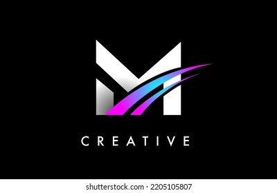 Letter M Logo Design Vector with Curved Purple Blue Swoosh Lines and Creative Look. Elegant Initial Modern M Logo Icon Idea Vector Illustration.