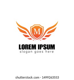 letter m logo design. wing and shield