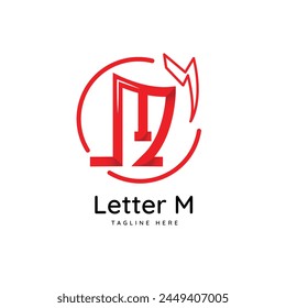 Letter M logo with electric buzz sign vector illustration with dummy text on isolated white background. Lettermark monogram logo.