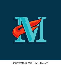 Letter M logo with fast speed fire. Vintage serif font with line shadow. Vector icon perfect for sportswear labels, race posters, victory identity, etc.
