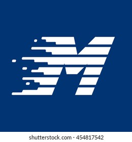 Letter M logo with fast speed lines. Vector design for sportswear, banner, card, labels or posters.