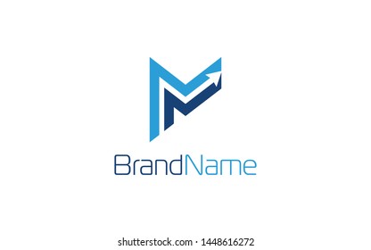 Letter M logo formed negative space of arrow in blue color