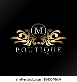 Letter M Logo Gold Luxury Boutique Badge Decorative Ornate Elegance Ornament  Vector Design