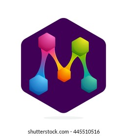 Letter M logo with Hexagon and lines. Bright color vector design for your science, biology, physics, chemistry company. Icon for banner, presentation, web page, app icon, card, labels or posters.