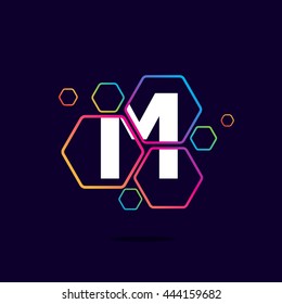 Letter M logo in Hexagon pattern. Colorful vector design for banner, presentation, web page, app icon, card, labels or posters.