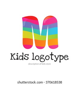 Letter M logo icon design template elements. Kid style logotype and font
