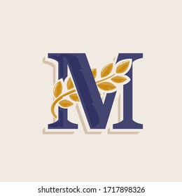 Letter M logo with laurel wreath. Classic serif font with line shadow. Vector icon perfect for boutique labels, sport posters, luxury identity, etc.