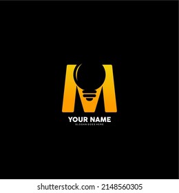 letter M logo and light bulb. vector illustration of letter M with space negative concept lamp