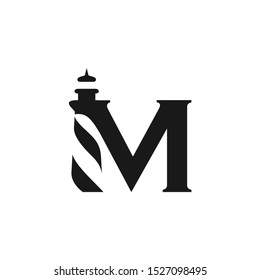 Letter M Logo. Light House Symbol. Direction Icon. Vector Illustration.