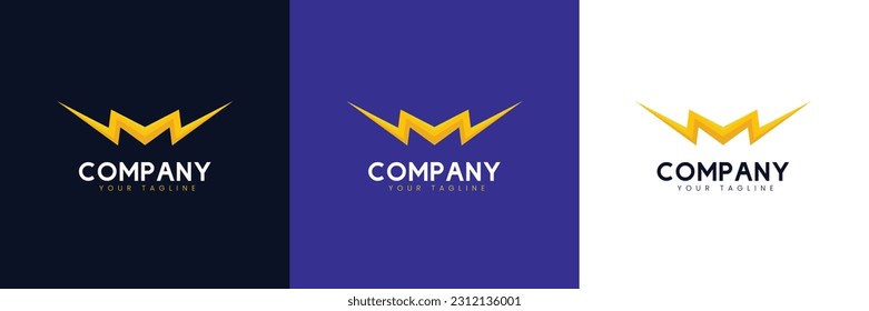 El logotipo M de la letra con relámpago a ambos lados, color amarillo brillante, representa una naturaleza rápida y fiable.