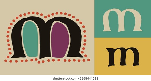 Letter M logo. Lindisfarne calligraphy in majuscule Celtic, Anglo-Saxon, Irish style with red dots pattern. Dim colored medieval initial. Vintage illuminated dropcap for brewery, heraldic monograms.