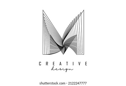 Logo de la letra M con líneas y efecto espiral. Ilustración vectorial con tipografía geométrica. Icono creativo con letra.