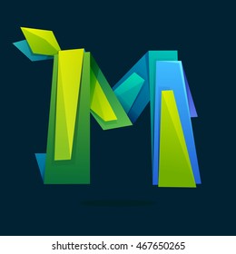 Letter M logo in low poly style with green leaves. Ecology vector design for presentation, web page, app icon, card, labels or posters.