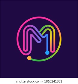 Letter M logo made of circle shape circuit. Multicolor gradient vector design can be used for technology ads, digital poster, communication identity, etc.