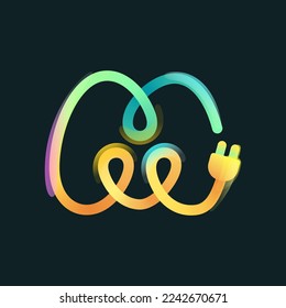 Letter M logo made of curved vivid gradient line with plug icon and rainbow shine. Overlapping multicolor emblem. Ideal for colorful electric app, eco-friendly charge design, technology advertising.