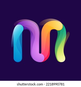Letter M logo made of overlapping colorful lines. Rainbow vivid gradient modern icon. Vector one line typeface for tech branding design, nightlife labels, multimedia posters, futuristic identity etc.