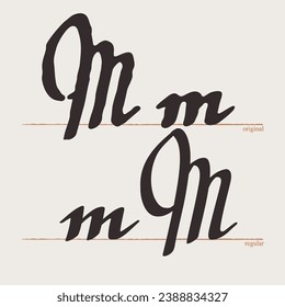 Letter M logo. Medieval script type. Original and regular calligraphy. Middle Ages Gothic set. Vintage blackletter Germanic font for fairytale, Fraktur headline, oldschool header, heraldry manuscript.