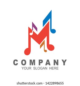 Letter m logo with melody design illustration, music icon, studio logo template