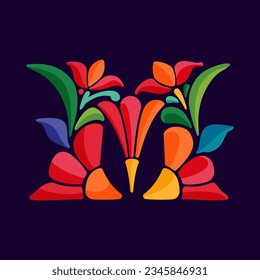 Letter M logo with Mexican colorful and ornate ethnic pattern. Traditional Mayo leaves and flowers embroidery ornament. Vector design template for folk Spanish food, holidays, carnival, and party.