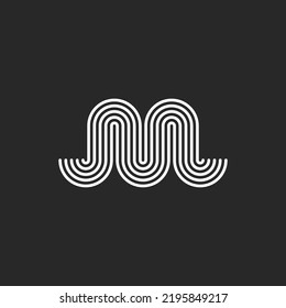 Letter M logo minimal monogram initial serpentine shape, smooth parallel black and white thin lines waves pattern.