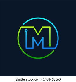 Letter M logo mono line, Connect concept , Circle shape symbol, green and blue color, Technology and digital abstract dot connection - vector