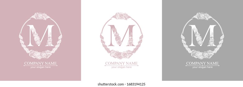 Letter M logo or monogram. For your business. Vector sign. Floral style, beautiful roses. Personal logo.