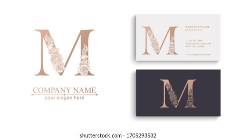 Letter M logo or monogram. For your business. Vector sign. Floral style, beautiful roses. Personal logo.