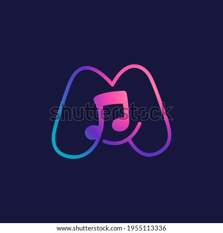 Letter M logo with musical note. Vector line icon for Audio company, Sound media magazine, Singer and DJ poster.