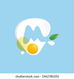 Letter M logo on a Fried Egg with green leaf and splashes. Negative space vector icon for farm company, ecology cafe, tasty poster, fast food restaurant.