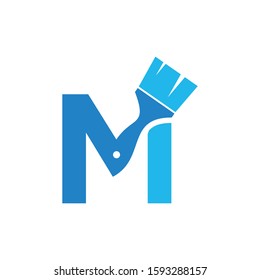 Letter M Logo With Paint Brush Design. Home Building Decoration Icon Graphic. Digital Painting Proffesional Vector.